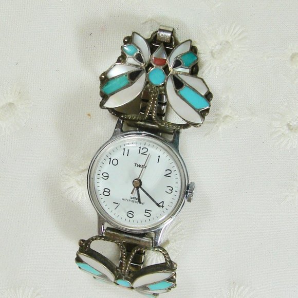 Vintage Sterling RA Wallace Signed Butterly Zuni Turquoise, MOP watch band main image 3